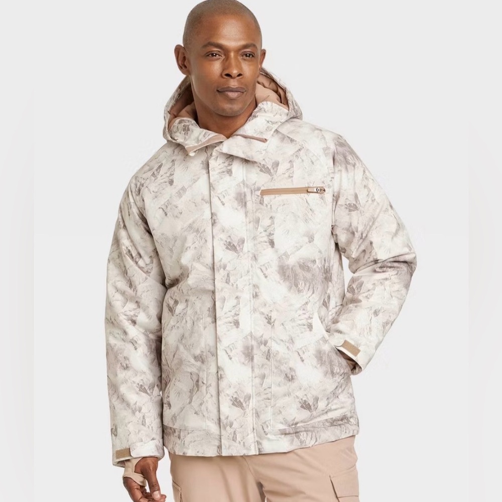 Mens All In Motion Zip-Up Winter Hooded Windproof Waterproof Snow Jacket- Beige